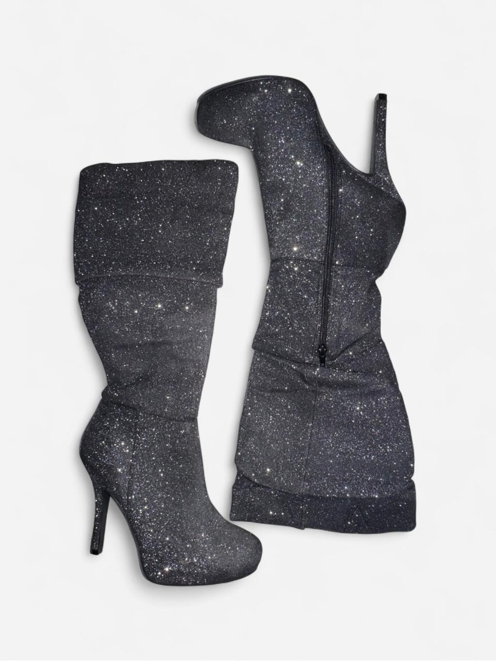 Glitter Knee-High Stiletto Boots - Black